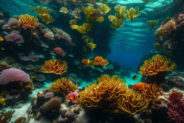 A vibrant coral reef with diverse marine life and colorful corals