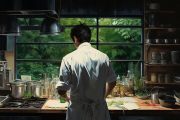 Fototapeta premium Man's back in a Kitchen Working