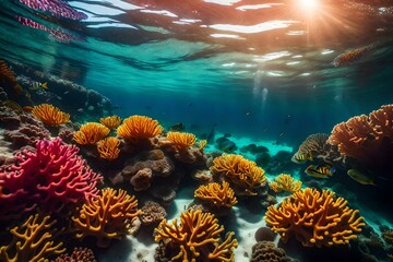 A vibrant underwater image of a coral reef glowing under the colors of a breathtaking sunset