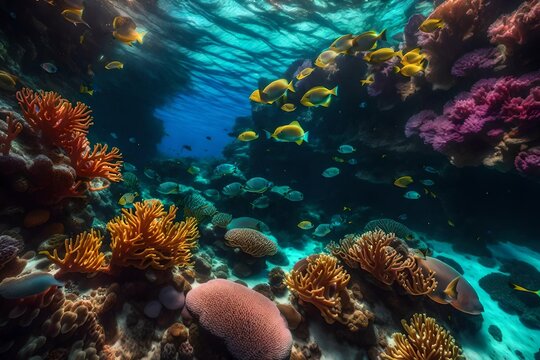 A vibrant underwater image of a coral reef glowing under the colors of a breathtaking sunset