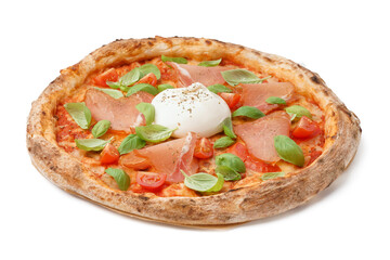 Tasty pizza with Burrata cheese on white background