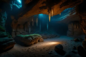 An ancient mystical cave with glowing crystals and hidden treasures