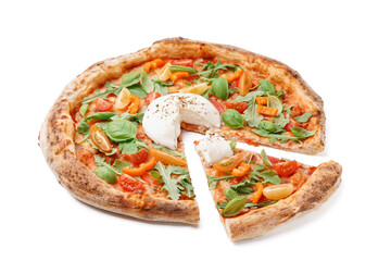 Tasty pizza with Burrata cheese on white background