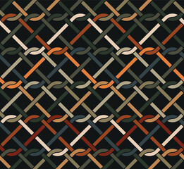 Seamless repeating pattern with interlaced multicolored wavy lines on a black background. Trendy geometric texture. Linear waves mesh. Decorative vector illustration for fabric, textile, and print.