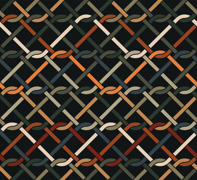 Seamless repeating pattern with interlaced multicolored wavy lines on a black background. Trendy geometric texture. Linear waves mesh. Decorative vector illustration for fabric, textile, and print.