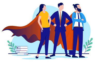 Business superhero team - Businesspeople with cape standing together showing strength and determination. Flat design vector illustration - obrazy, fototapety, plakaty