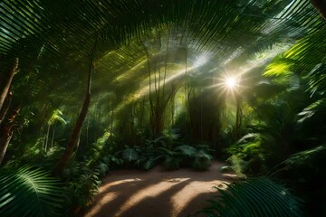 An exotic jungle canopy with sunlight filtering through dense foliage