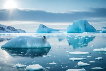 An iceberg-filled Arctic scene with seals resting on the ice