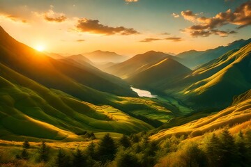 Artwork of a serene mountain range, with lush green valleys and meandering rivers - obrazy, fototapety, plakaty