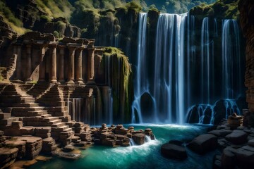 Rendered image of a majestic waterfall surrounded by ancient ruins