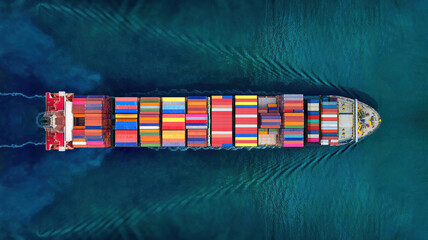 Industrial import-export port prepare to load containers. Aerial top view container ship in export and import global business and logistic. Global transportation and logistic business. - obrazy, fototapety, plakaty