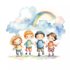 Obraz na płótnie Canvas Set of happy kids playing together under the rainbow. Happy children's day. Friendship theme. Watercolour style. Perfect greeting card, birthday card, children books, children wallpaper, and many more