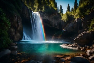 Waterfall with transparent water and a rainbow arcing above it