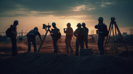 Silhouette of Survey Engineer and construction team working at site over blurred industry background with Light fair Film Grain effect.Create from multiple reference images together.