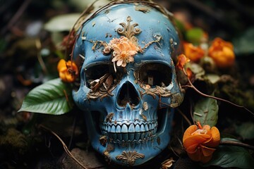 A blue decorative skull lies in a tropical forest among orange flowers. The day of the Dead - obrazy, fototapety, plakaty