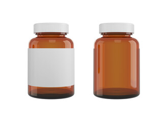 Brown medicine Bottle mockup set with blank label isolated on white background. Medicine amber glass packages for pills, vitamins or capsules, empty jars, containers mock up
