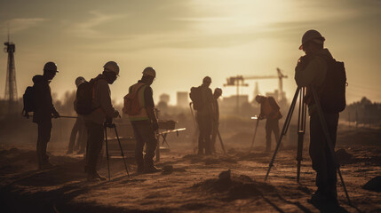 Silhouette of Survey Engineer and construction team working at site over blurred industry...