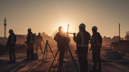 Silhouette of Survey Engineer and construction team working at site over blurred industry background with Light fair Film Grain effect.Create from multiple reference images together. - obrazy, fototapety, plakaty