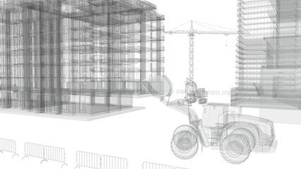 Construction site with a tower crane and construction equipment. Construction of residential buildings. Panoramic view of the construction of skyscrapers. Landscape with a modern city. abstraction, 3d