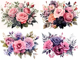 Zelfklevend Fotobehang Bloemen Colorful pink and purple roses bouquet clipart set with a white background. Botanical illustration.realistic drawing of colorful flowers. decoration for postcards, invitations, crafts
