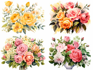 Colorful yellow and pink roses bouquet clipart set with a white background. Botanical illustration. 