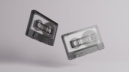 Retro audio cassette 3d rendered illustration. 70s, 80s, 90s years popular audio tape. Music minimalism concept, white background