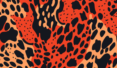 Seamless Animal Print, Black Shapes & Red Tones. '60s & '70s Inspired Vector for Fashion & Interior Design