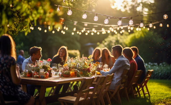 Autumn barbecue party with friends. Happy couple friends enjoying dinner, toasting wine glasses at summer table on house patio with string lights, digital ai
