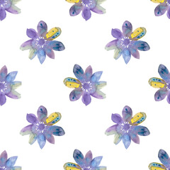 Fototapeta na wymiar Seamless pattern of watercolor purple, yellow flowers. Hand drawn illustration. Botanical hand painted floral elements on white background.