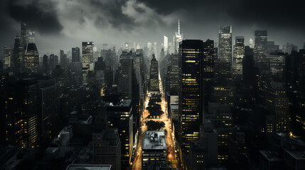 Cityscape - skyline - illustration - night - traffic - dark aerial - drone - overhead view 