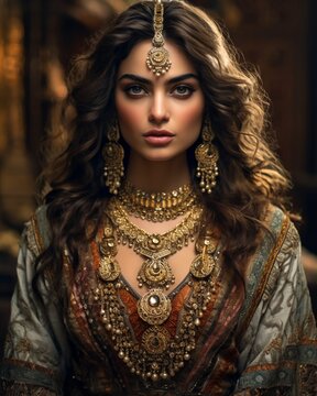 Portrait of a beautiful woman in luxurious clothing, Eurasian vintage style.