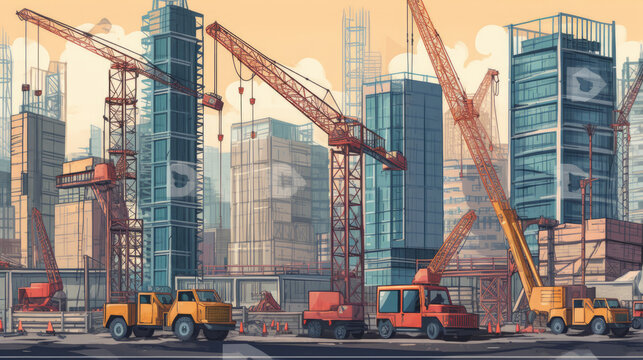Urban building construction. Stages of big construction skyscraper in city various professional vehicles for builders garish vector background with flat ortogonal.