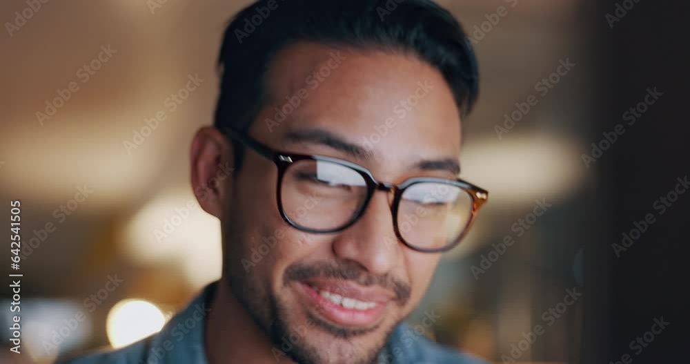 Aufkleber Business man, glasses and reading on computer for programming, software or information technology solution. Happy asian programmer in screen reflection for IT problem solving, results or night coding