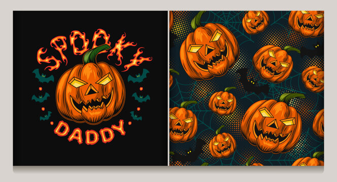 Halloween label, seamless pattern with halloween pumpkin head like Spooky happy daddy, spider web, silhouette of bat. Dark background with round halftone shapes. Family concept. Vintage style