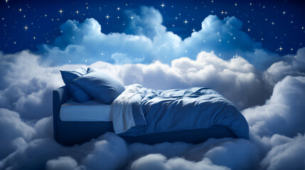 bed stand in a blue fluffy cloud in the sky symbolic for good sleep - obrazy, fototapety, plakaty