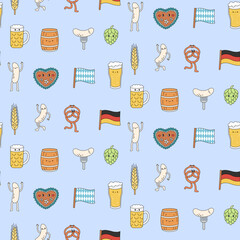Beer festival seamless pattern. Fun food character in y2k style