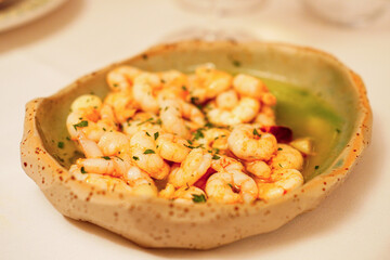 Gambas blancas al ajillo, Spanish traditional tapas al ajillo made with white shrimp