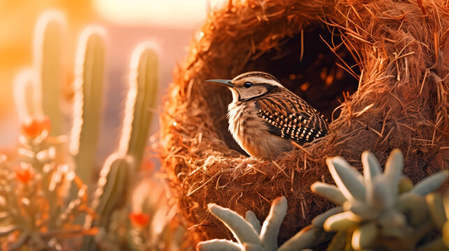 Cactus wren perched in a nest on saguaro at sunset. beautiful desert bird at sunrise - Powered by Adobe
