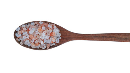 Salt in wooden spoon top view with transparent.