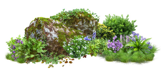 Cutout rock surrounded by flowers. Garden design isolated on transparent background. Flowering shrub and green plants for landscaping. Decorative shrub and flower bed - obrazy, fototapety, plakaty