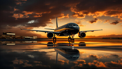 Fototapeta na wymiar Beautiful Sunset Scene of a Jet Airliner at the Airport. AI Generated.