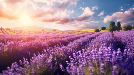 Lavender flowers at sunset in the rays of the setting sun