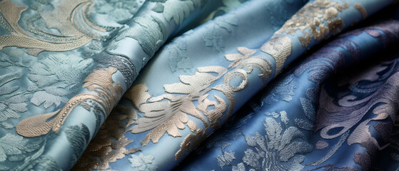 Ornament, tkanina we wzory. Niebieskie odcienie materiału. Wyszywane kwiaty - obrazy, fototapety, plakaty