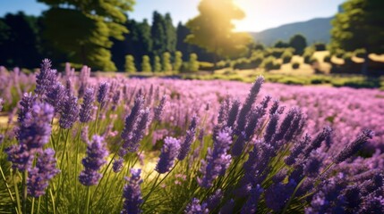 Lavender field in sunset light. Lavender flowers blooming in the summer. Mother's day concept with a copy space. Valentine day concept with a copy space. Greeting Card Concept.