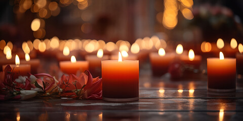 burning candles in church,,,,
Lit candles burning in the Church stock photo,,,,
Many Candles Lighting On A Table Background