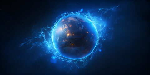 Realistic 3D illustration of Blue Planet, frozen planet surface with blue flares,Highly realistic surface burning of white and blue sun isolated on black with space for your text or logo
