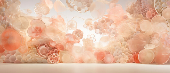 Abstrakcyjne tło - scena z balonów i dekoracji. Jasne, pastelowe, brzoskwiniowe odcienie. Miejsce do prezentacji produktu - obrazy, fototapety, plakaty