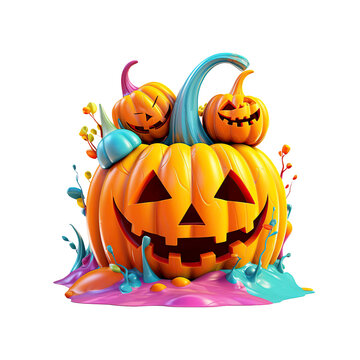 Spooky halloween pumpkin with dripping paint, isolated Jack O Lantern with scary face in puddle of spilled paint. Cutout on transparent background.