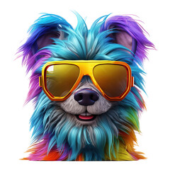 Character puppy wearing sunglasses, cute dog with colorful fur. Isolated cutout on transparent background.