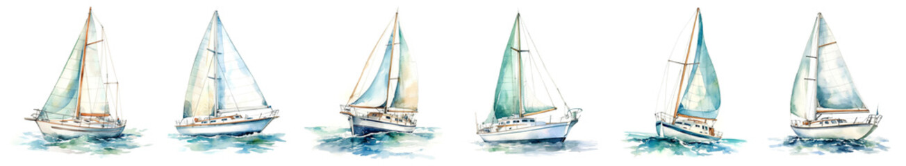Set of 5 different beautiful watercolor luxury sailing yachts sailing on sea water isolated on white background.